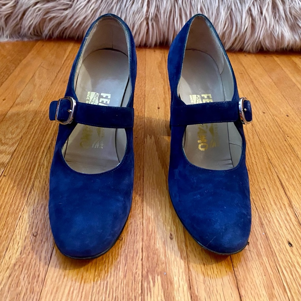 Vintage Salvatore Ferragamo blue suede Mary Janes